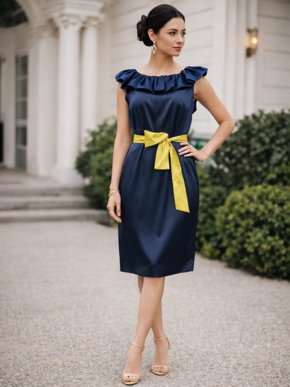 Navy Satin Ruffle Size 12 Open Back Elegant Preppy Cocktail Mini Dress